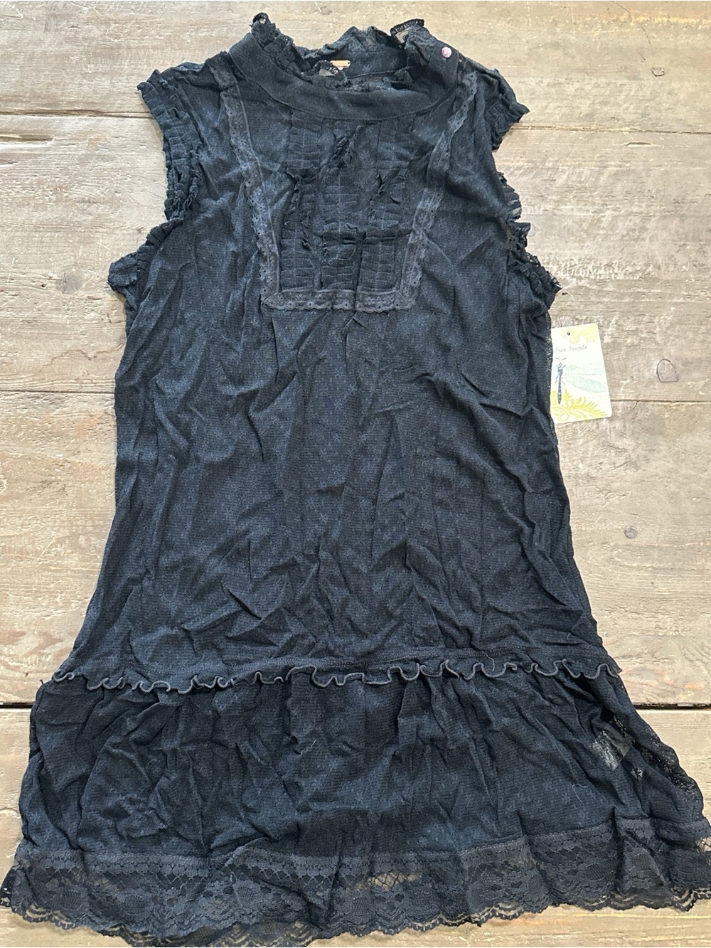 Sleeveless Ruffled Lace-Trim Dress Top - Black